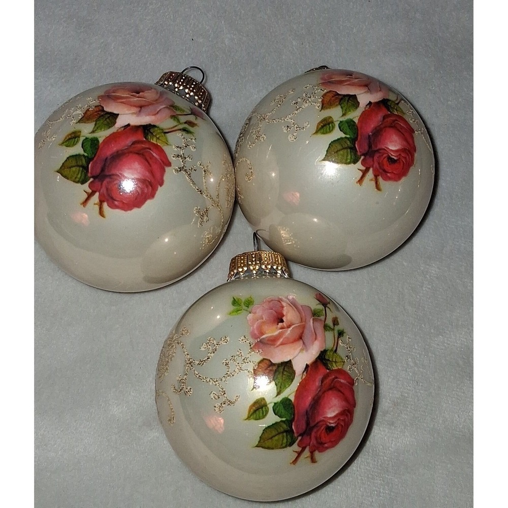 Vintage Krebs Glass Christmas Ornaments Set of 3 Ivory Rose Floral Gold